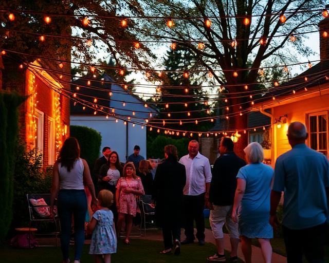 Evento familiar al aire libre con guirnaldas de luces